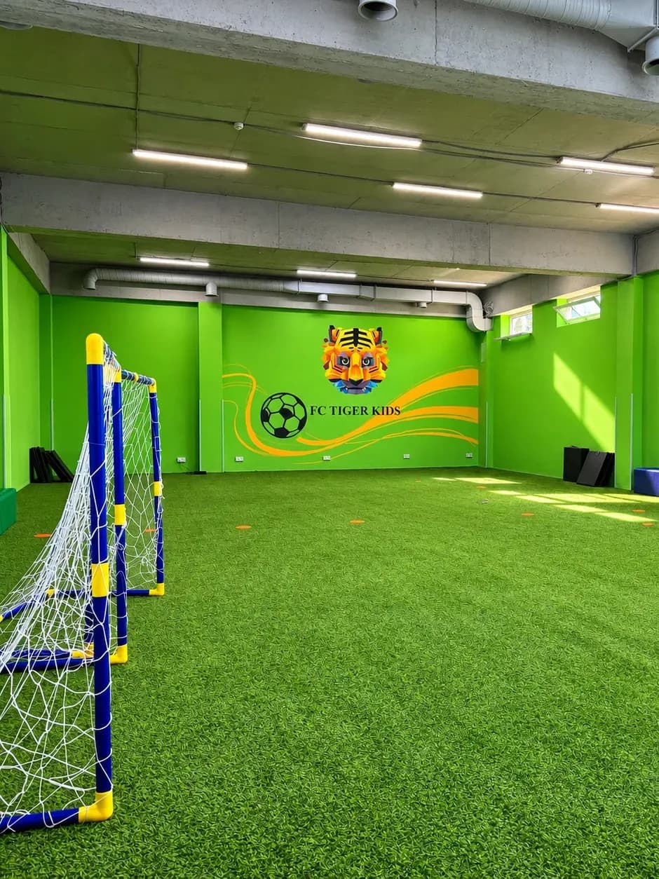 Зелёный зал: детские ворота и эмблема FC Tiger Kids на стене